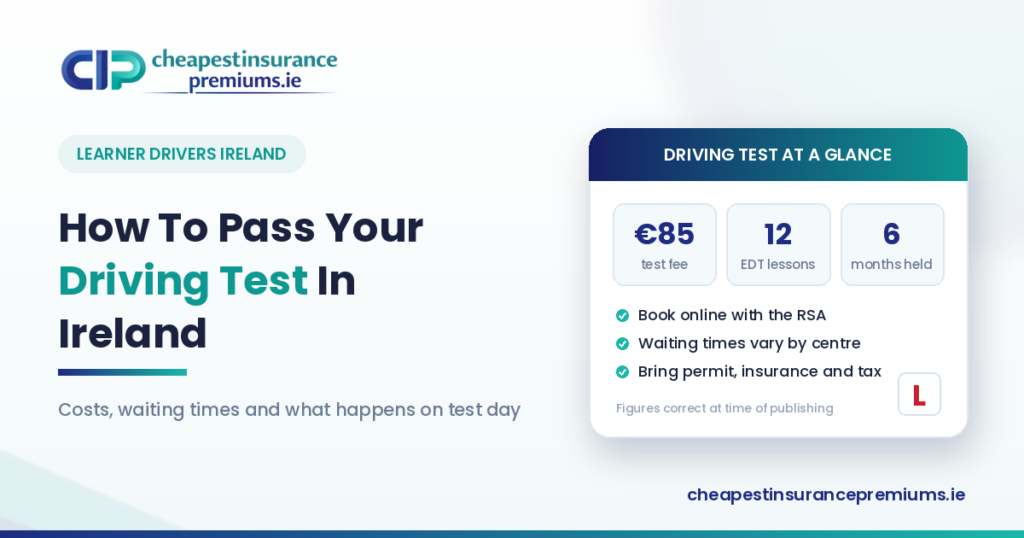 Driving test summary card showing an €85 test fee, twelve EDT lessons, the six month permit rule and a learner L plate