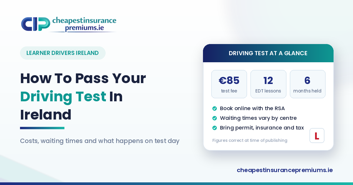 Driving test summary card showing an €85 test fee, twelve EDT lessons, the six month permit rule and a learner L plate