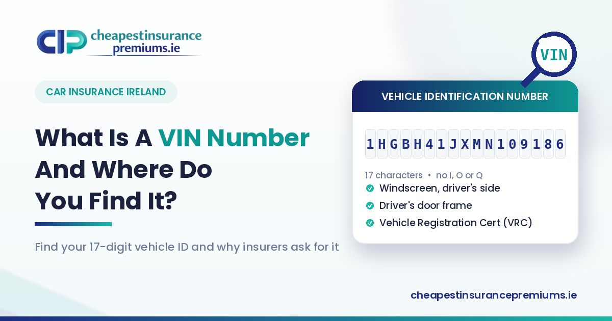Guide graphic showing a 17-character VIN Number and the three places to find it on an Irish car: windscreen, driver's door frame and Vehicle Registration Cert