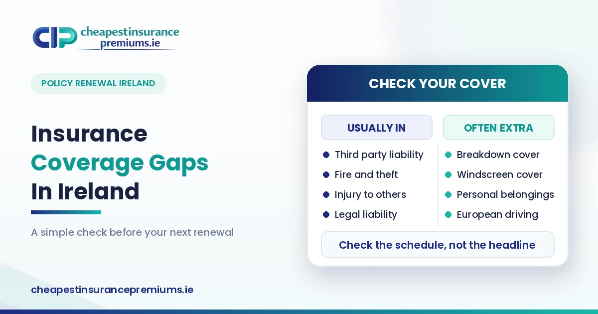 Insurance coverage gaps in Ireland shown as a cover check card comparing items usually included in a policy against extras such as breakdown, windscreen and European driving
